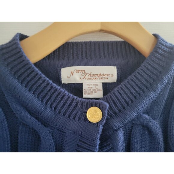 Vtg Norm Thompson Womens Wool Blue Cable knit cardigan size Large Preppy Classic - Picture 3 of 5
